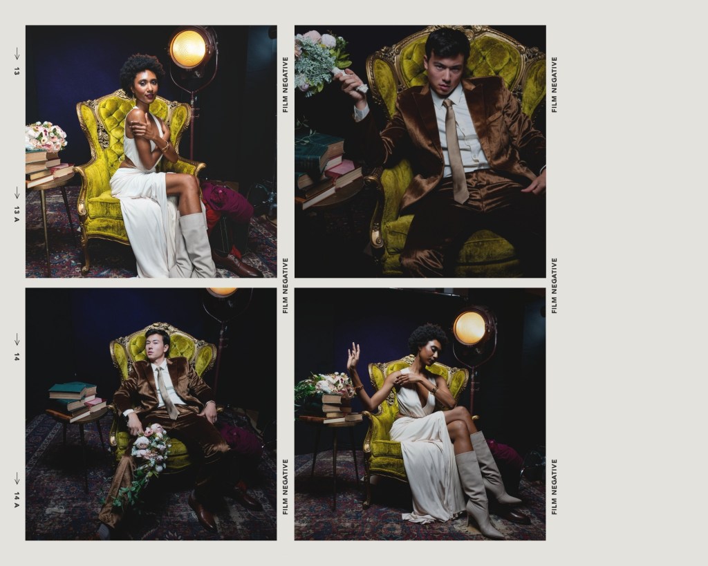 Fashion editorial photoshoot styled and directed by Jenna Brooke featuring male and female models in vintage-inspired set design. The scene showcases bold visual identity and cinematic lighting.