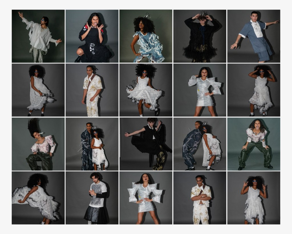 Editorial fashion gallery featuring dynamic poses and expressive movement, with models showcasing avant-garde statement pieces, layered textures, and bold theatrical styling against a dark backdrop.