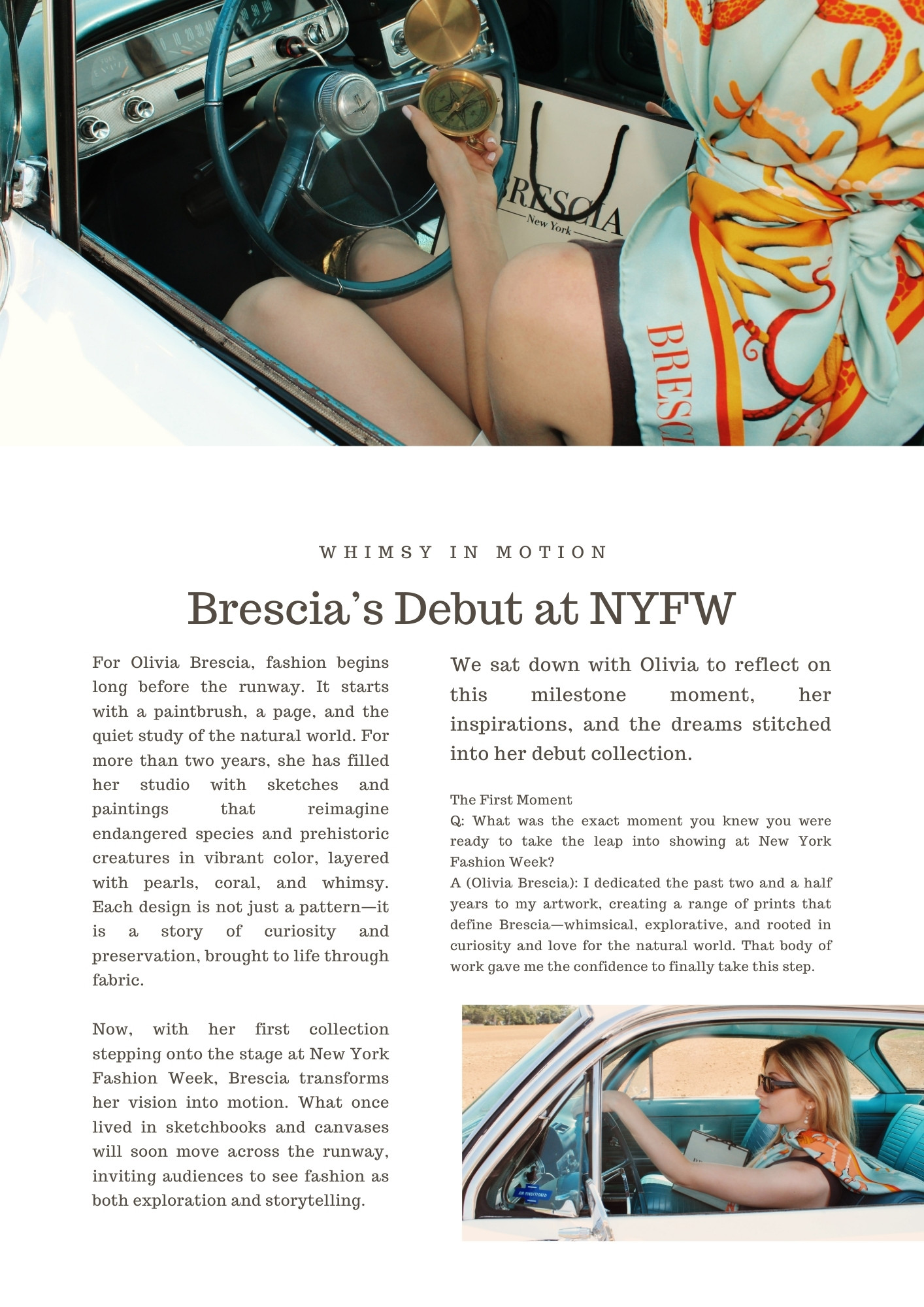 Magazine spread written by Jenna Brooke featuring Olivia Brescia’s NYFW debut, Whimsy in Motion, highlighting her artistic journey from sketches to runway.