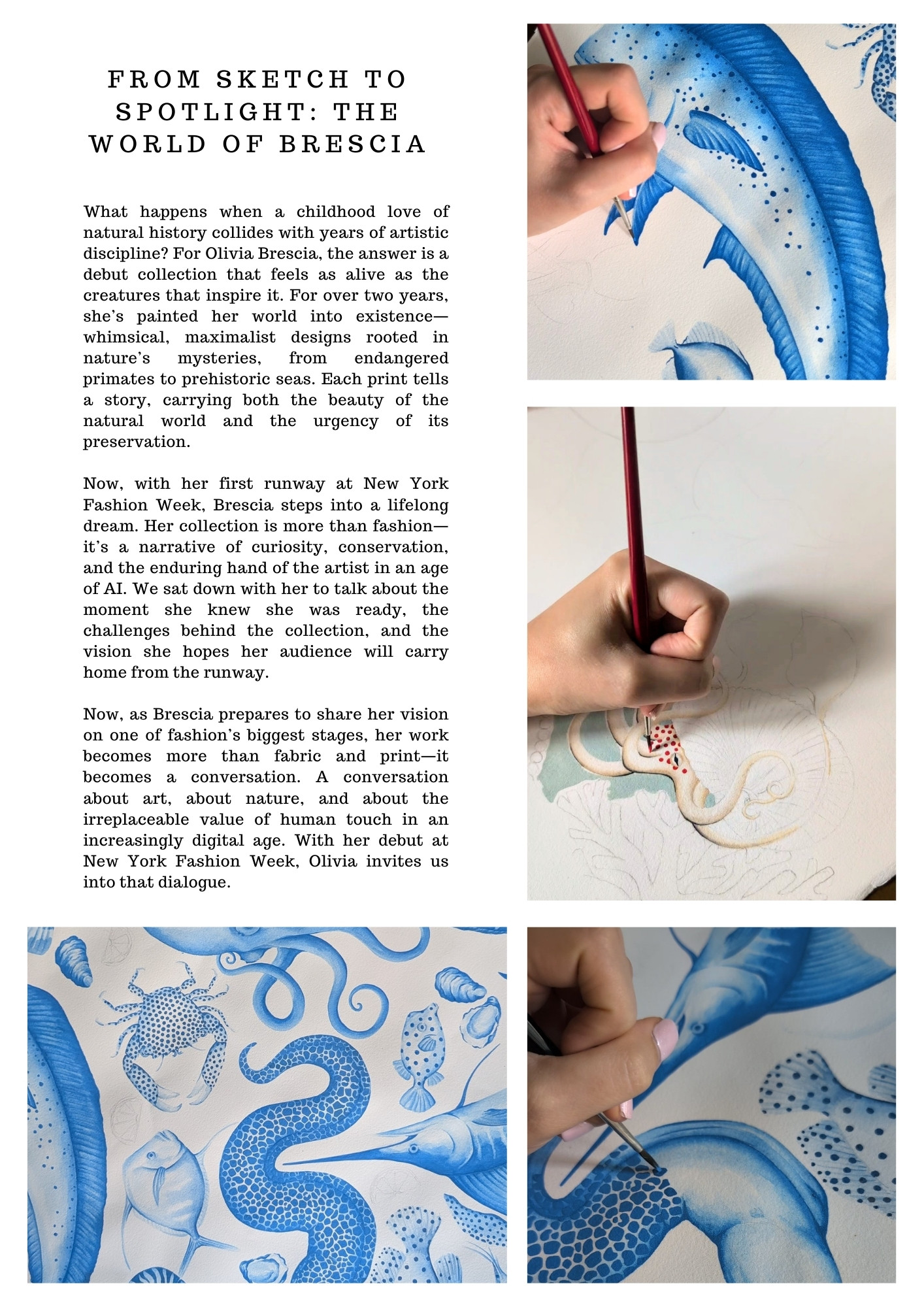 Editorial spread written by Jenna Brooke featuring Olivia Brescia’s From Sketch to Spotlight, highlighting her hand-painted designs transforming into runway fashion.