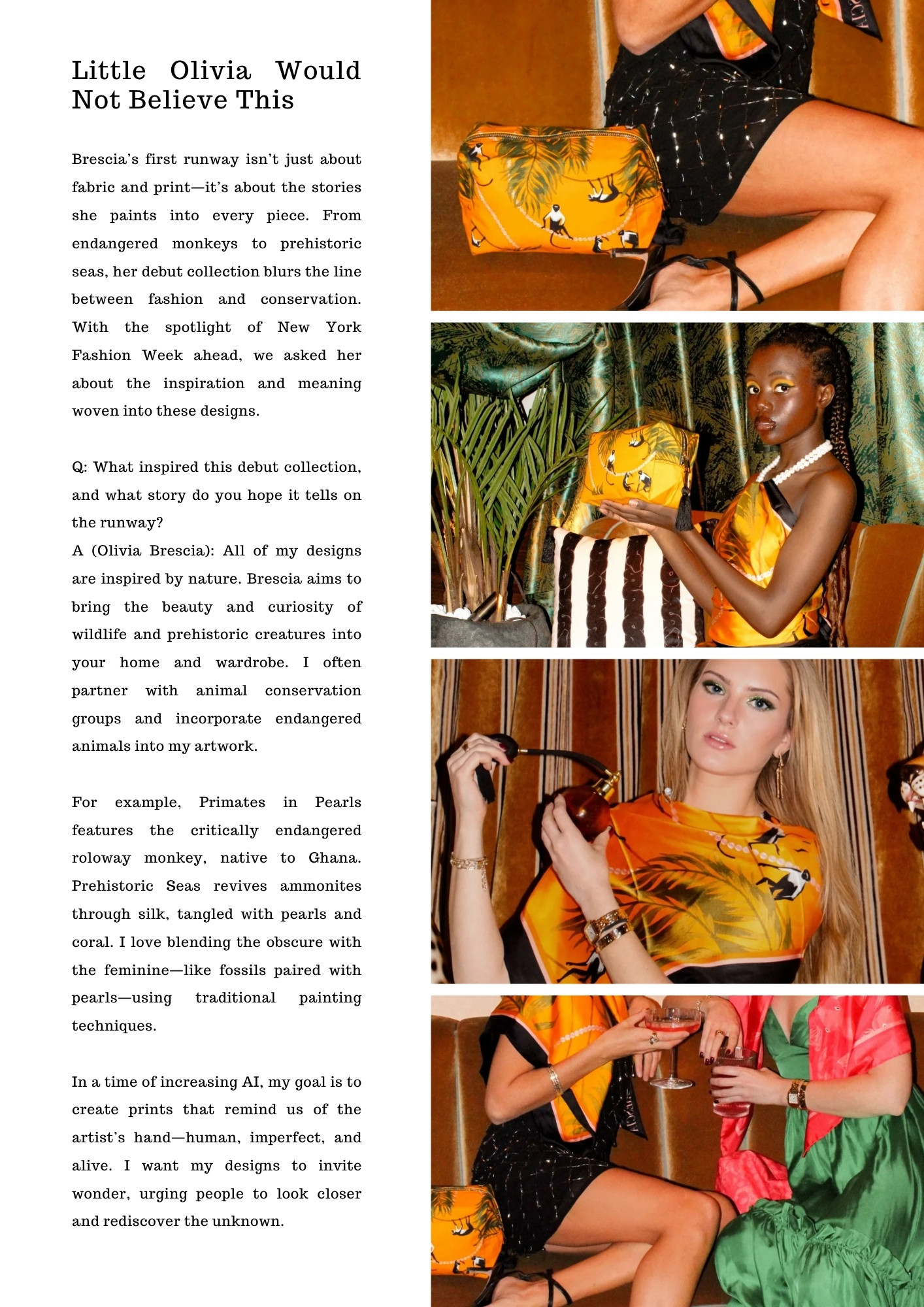 Olivia Brescia’s Little Olivia Would Not Believe This feature, highlighting the inspiration, conservation themes, and storytelling behind her NYFW debut collection.