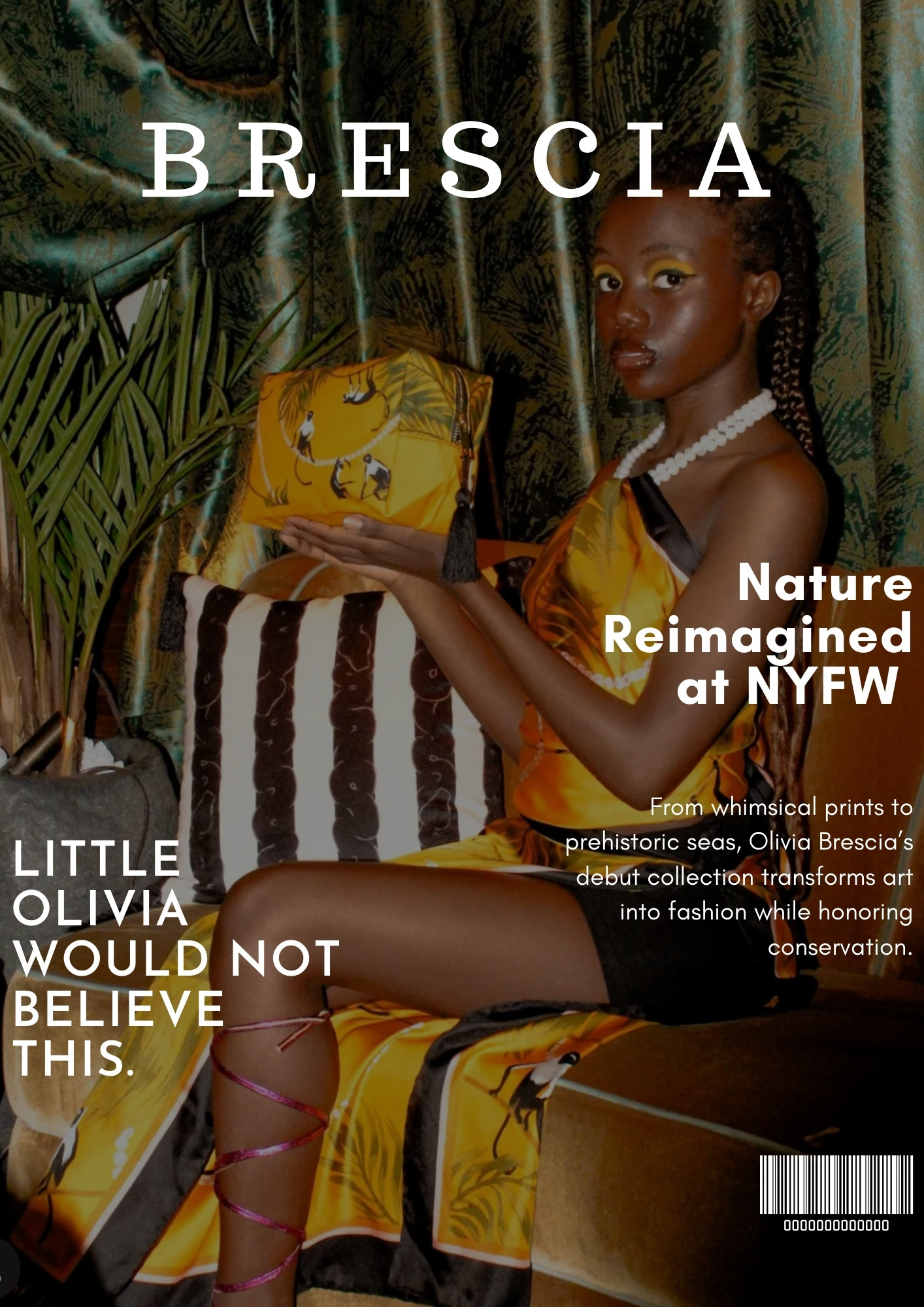 Cover image of Olivia Brescia’s NYFW debut, photographed and written by Jenna Brooke, showcasing nature-inspired couture in bold silk prints.
