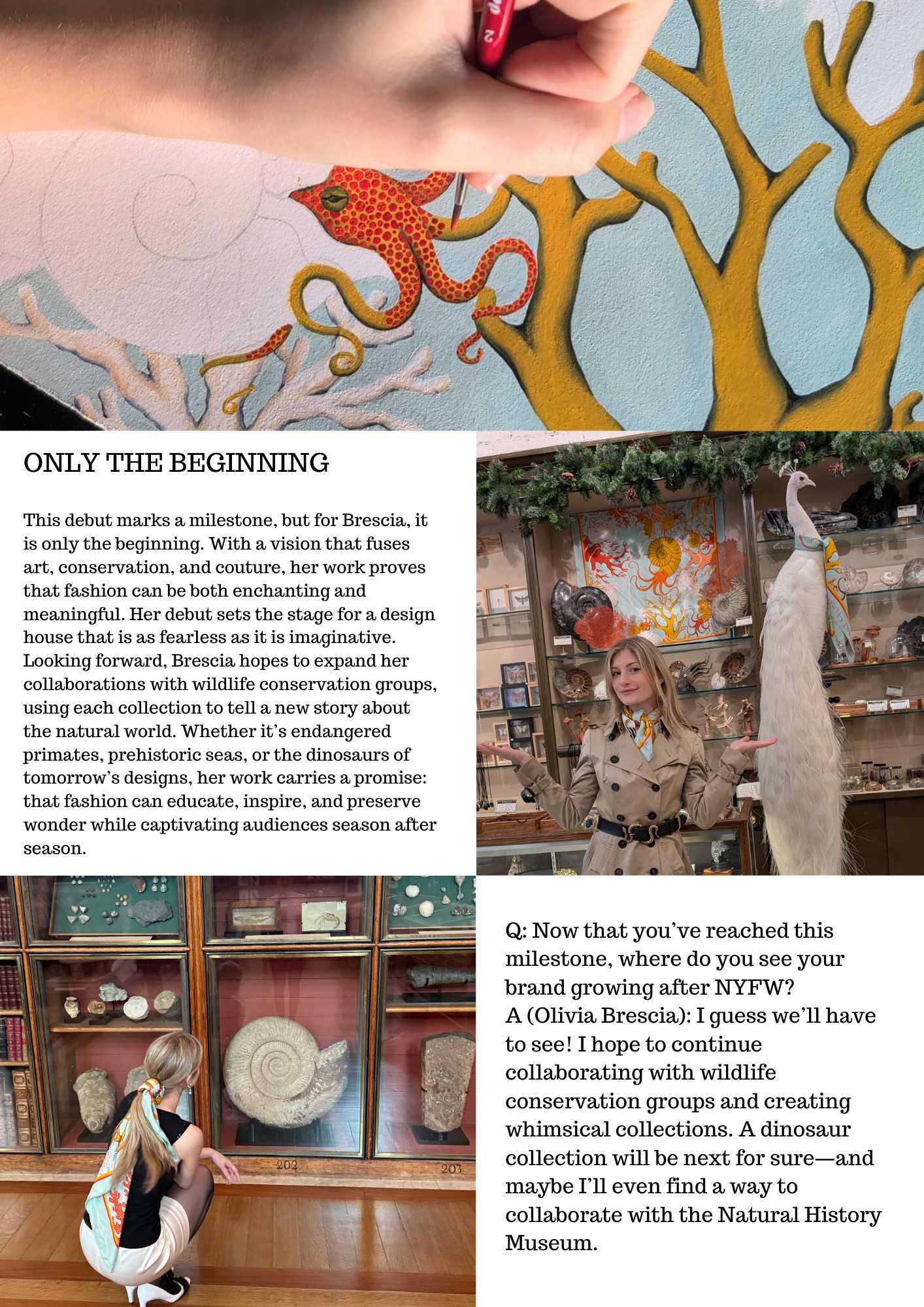 Olivia Brescia poses with her artwork and natural history inspirations, symbolizing the future vision of her NYFW debut collection.