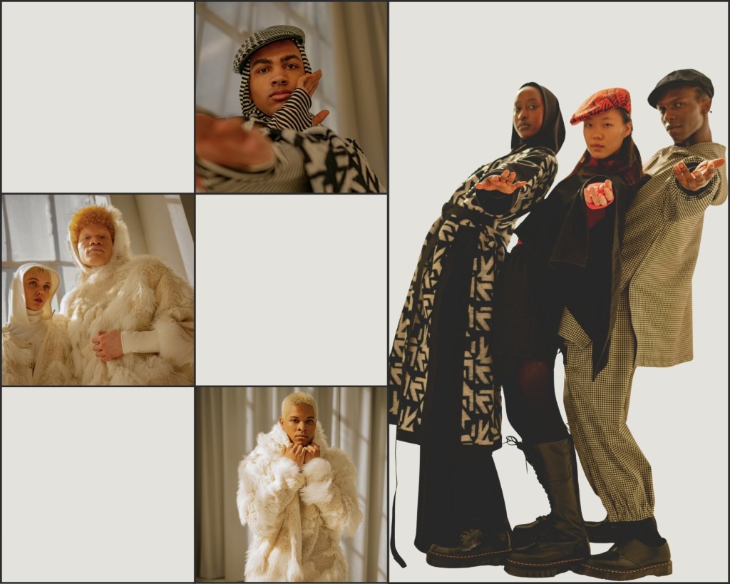 Editorial fashion photo collage of Aaron Potts’ A. Potts collection at New York Men's Day FW25, captured by Jenna Brooke. Features diverse models in bold outerwear with intentional visual framing.