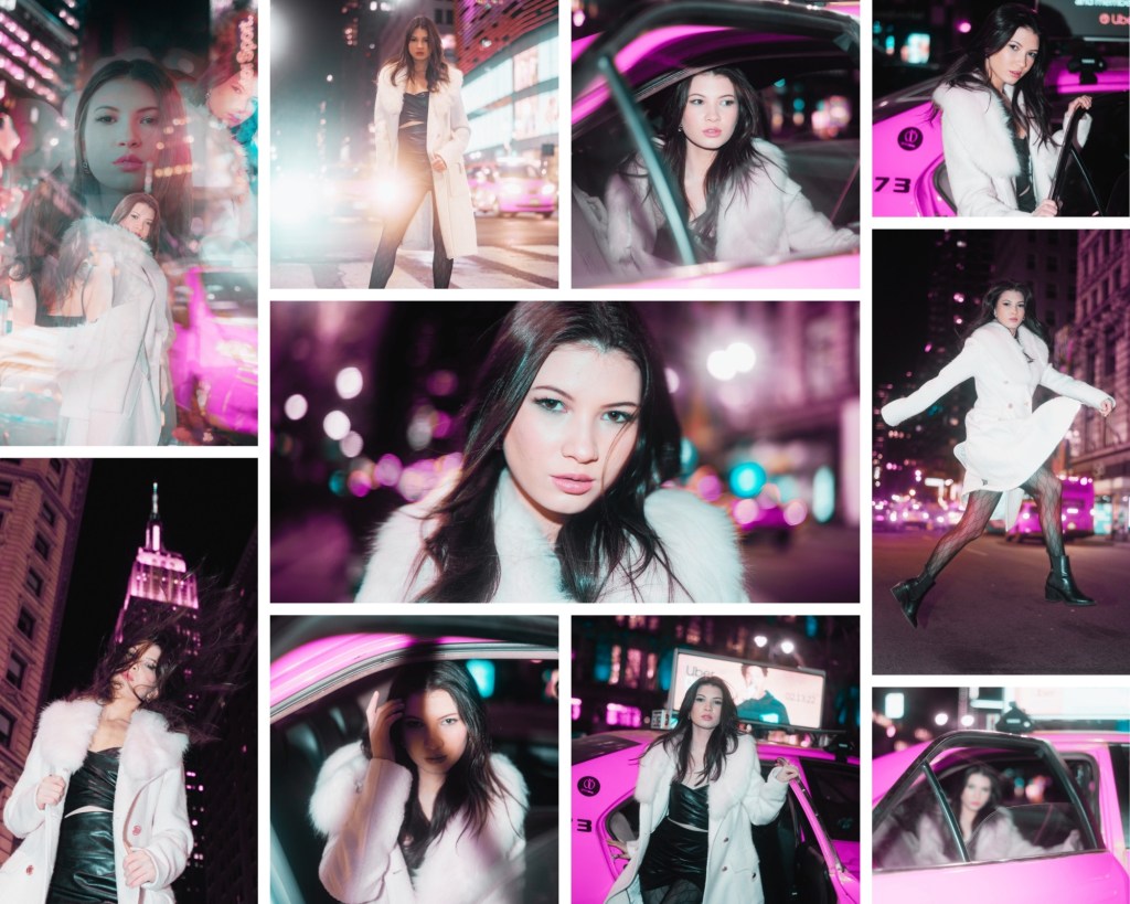 Fashion editorial photo collage of a model in a white fur coat during an impromptu nighttime shoot in Times Square, showcasing Jenna Brooke’s creative direction and on-the-spot visual storytelling.