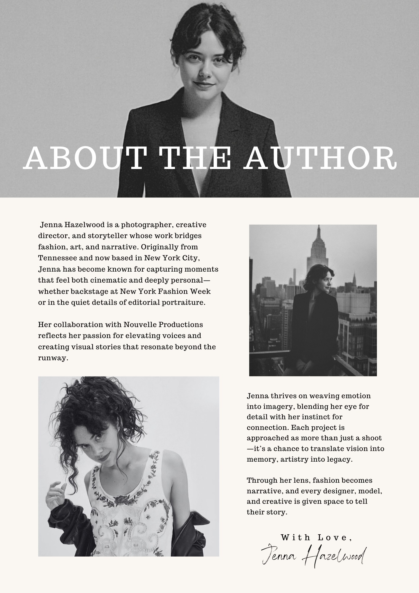 Jenna Hazelwood featured in “About the Author” page, highlighting her work as a photographer, creative director, and storyteller at NYFW.