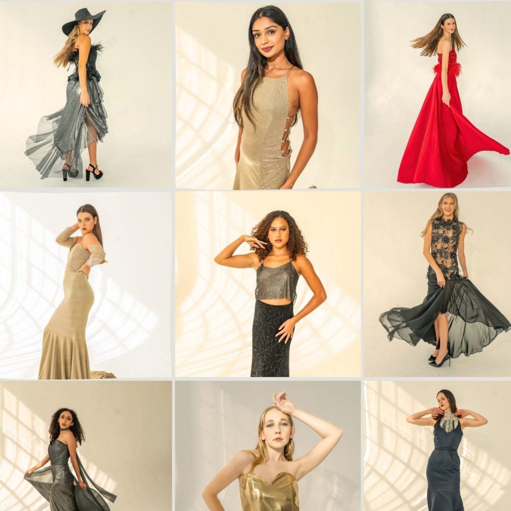 Editorial fashion collage showcasing Romey Roe’s collection for Nouvelle Productions at Daylight Studios, photographed by Jenna Brooke. Features diverse models in flowing eveningwear under natural light.