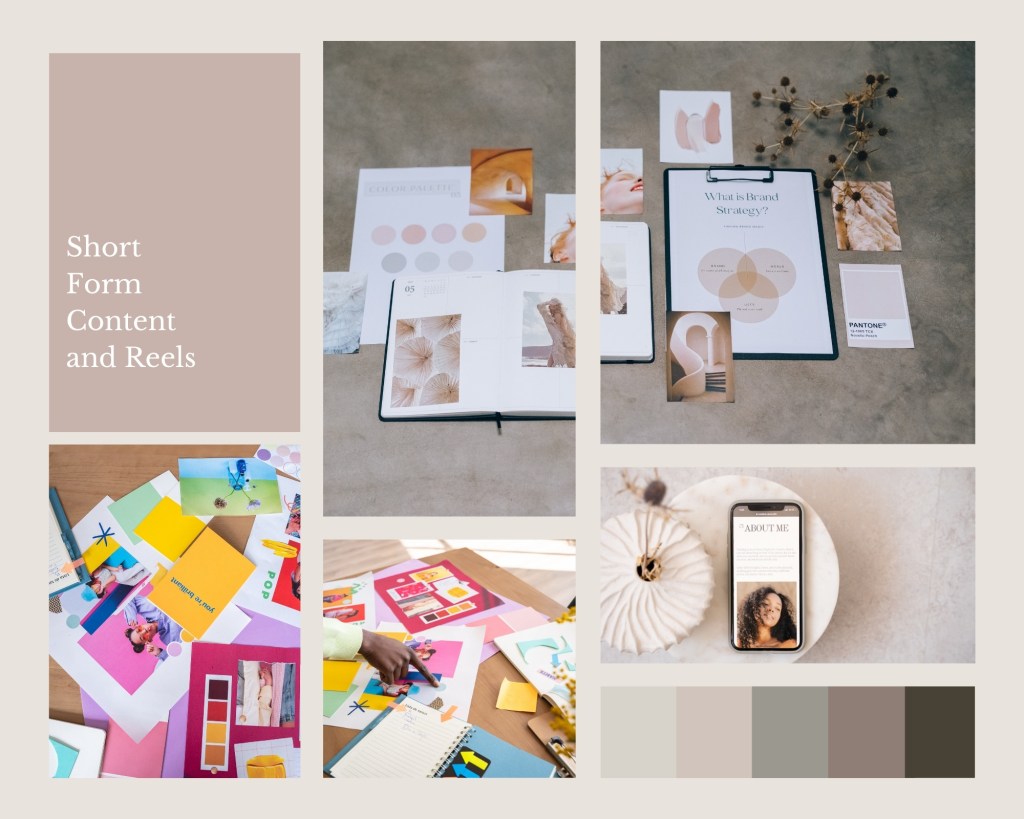 Flatlay of visual brand strategy planning, short-form content concepts, and mobile reels designed by Jenna Brooke for digital marketing support.
