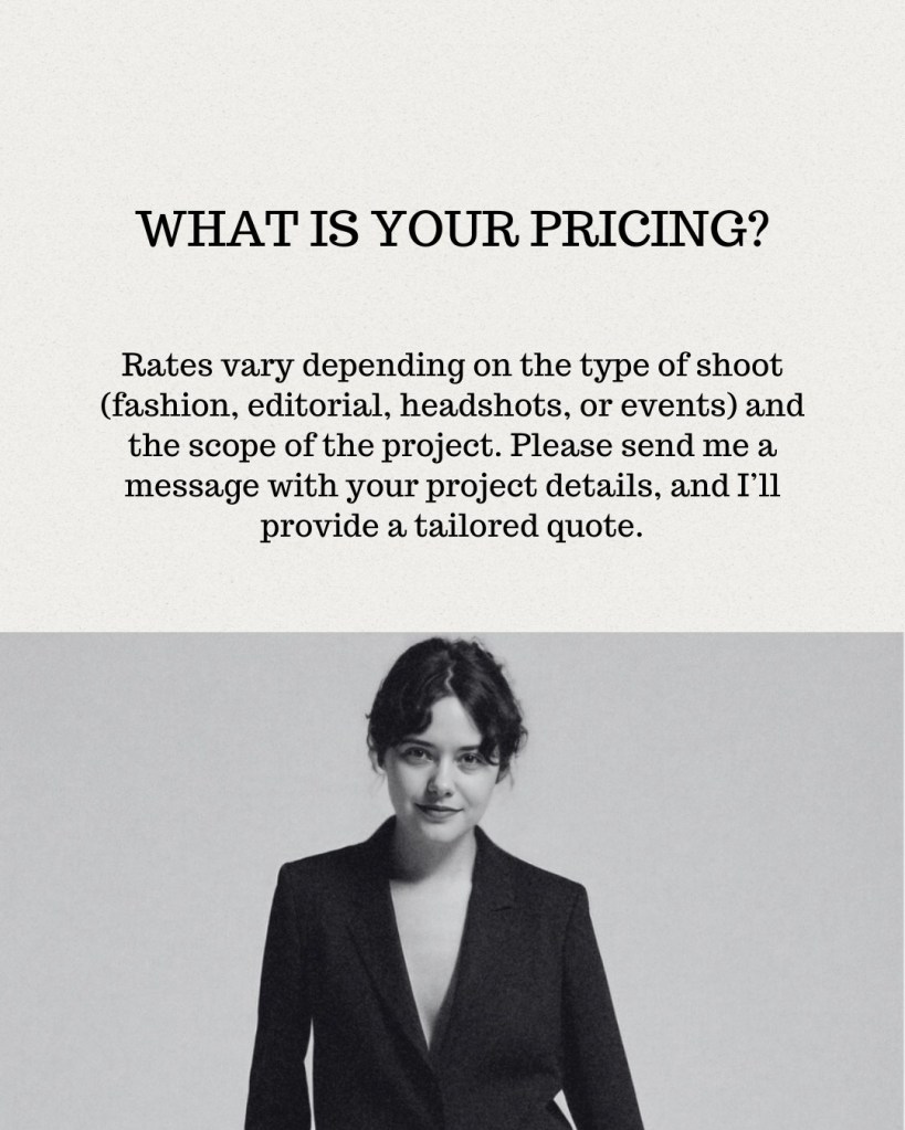 Photography pricing for fashion, editorial, headshots, and events in NYC