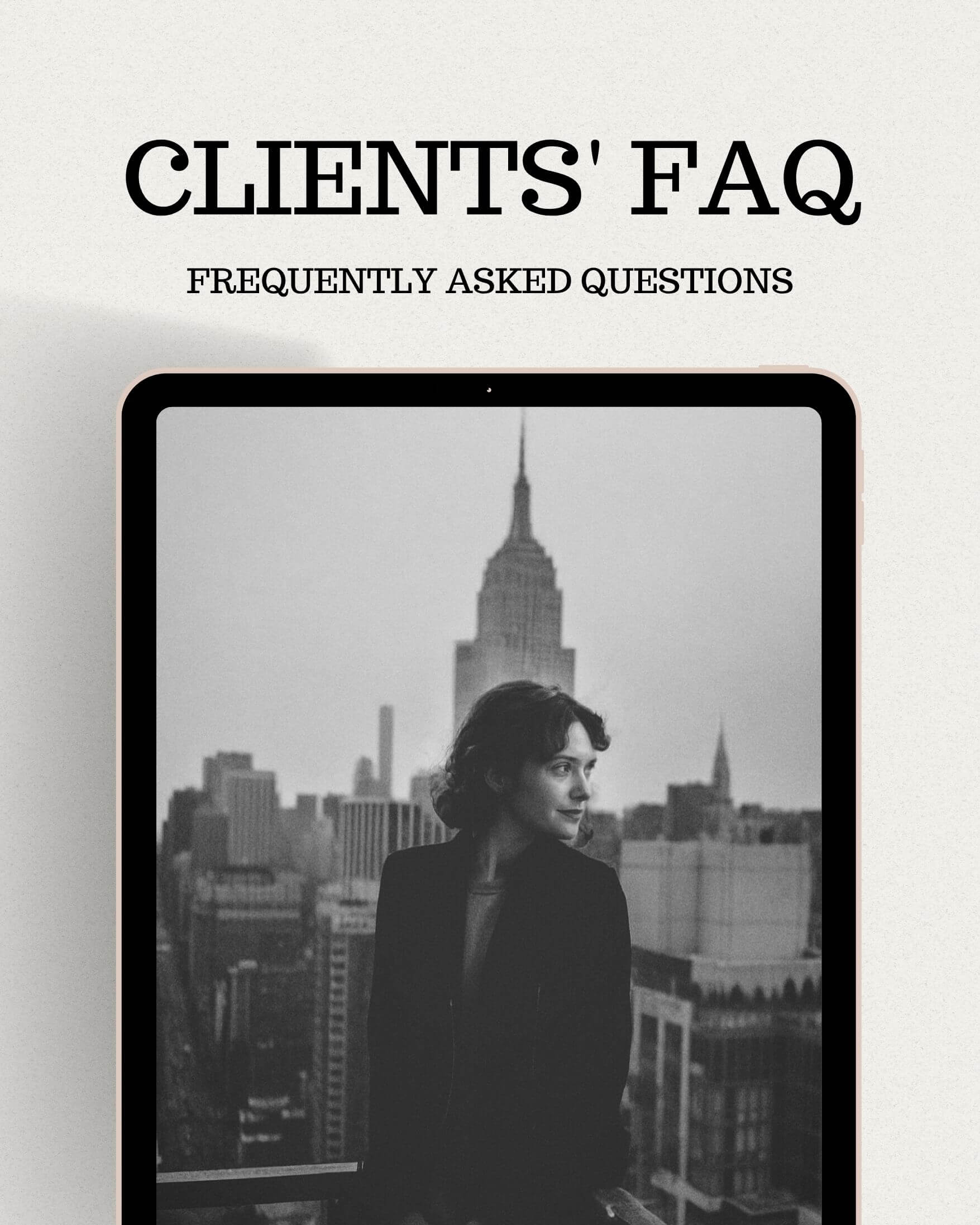 Black and white portrait of woman overlooking New York City skyline with Empire State Building, NYC photography client FAQ page