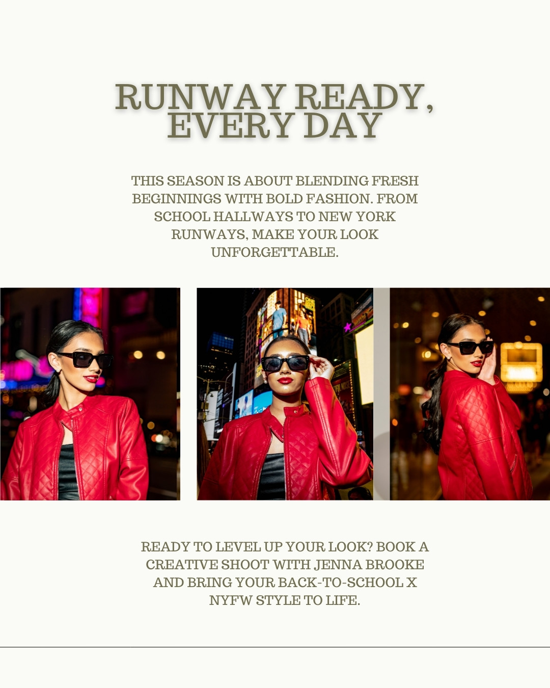 Back-to-school NYFW fashion editorial in red jacket by Jenna Brooke