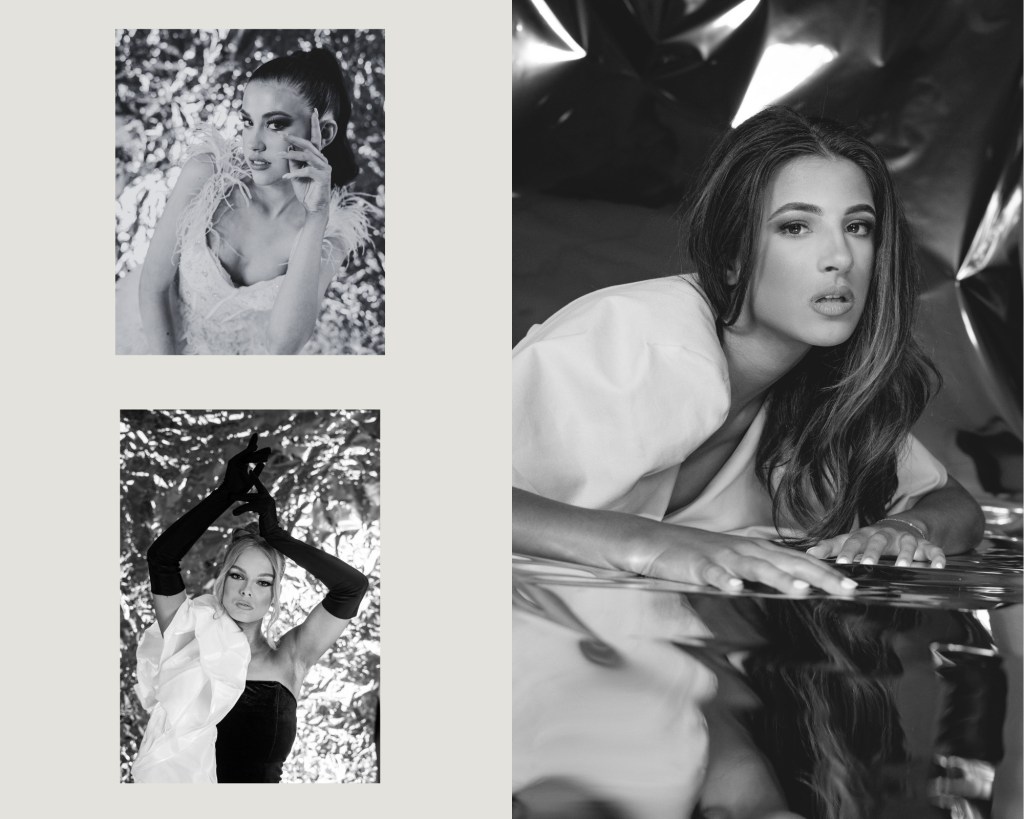 Editorial portraits of Universal Miss Organization titleholders photographed and directed by Jenna Brooke, showcasing poised, high-fashion imagery in black and white with reflective and textured backgrounds.
