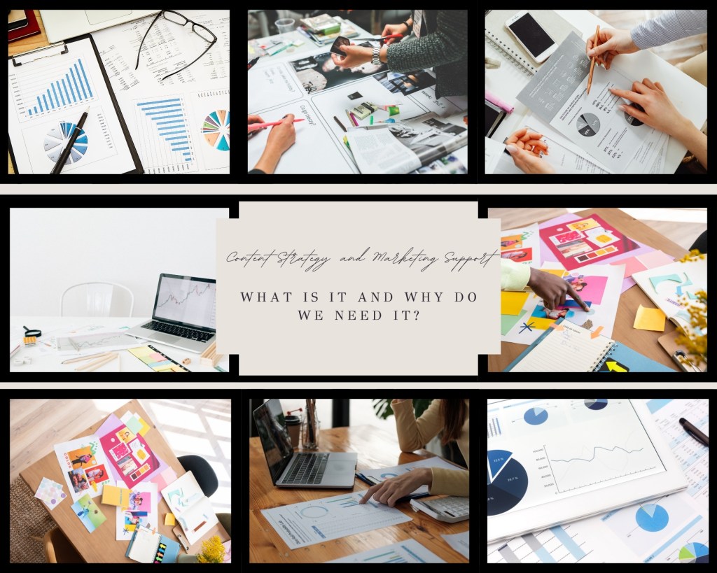 Content strategy and marketing support visual collage highlighting brand voice development through analytics, creative planning, and visual storytelling by Jenna Brooke.