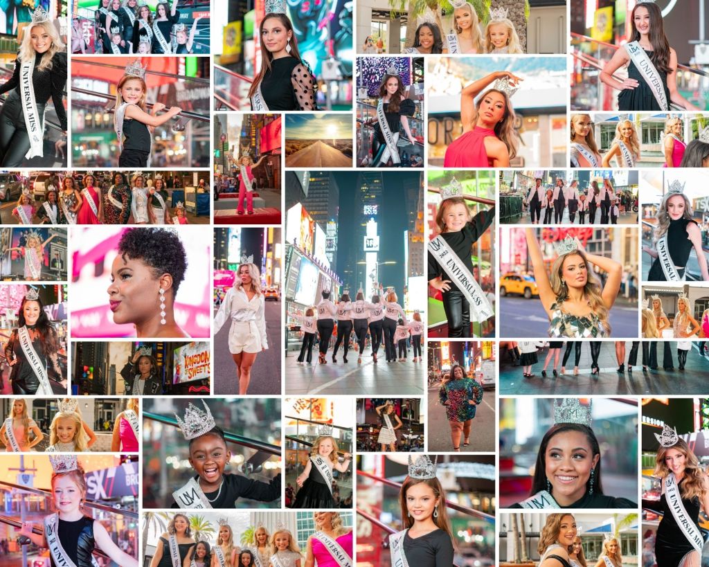 Collage of Universal Miss alumni winners wearing crowns and sashes photographed in New York City, featuring individual portraits and group moments captured by Jenna Brooke