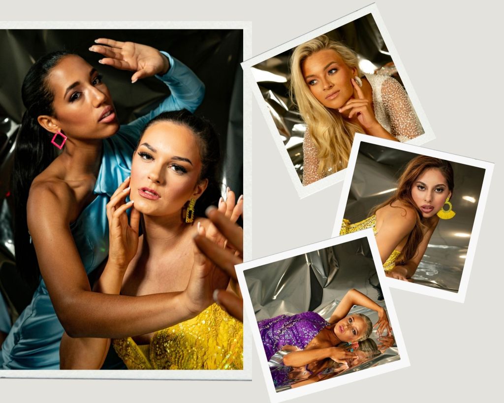 Editorial studio portraits of Universal Miss contestants wearing glamorous fashion looks with metallic backdrop, featuring posed beauty shots and high-fashion styling captured by Jenna Brooke