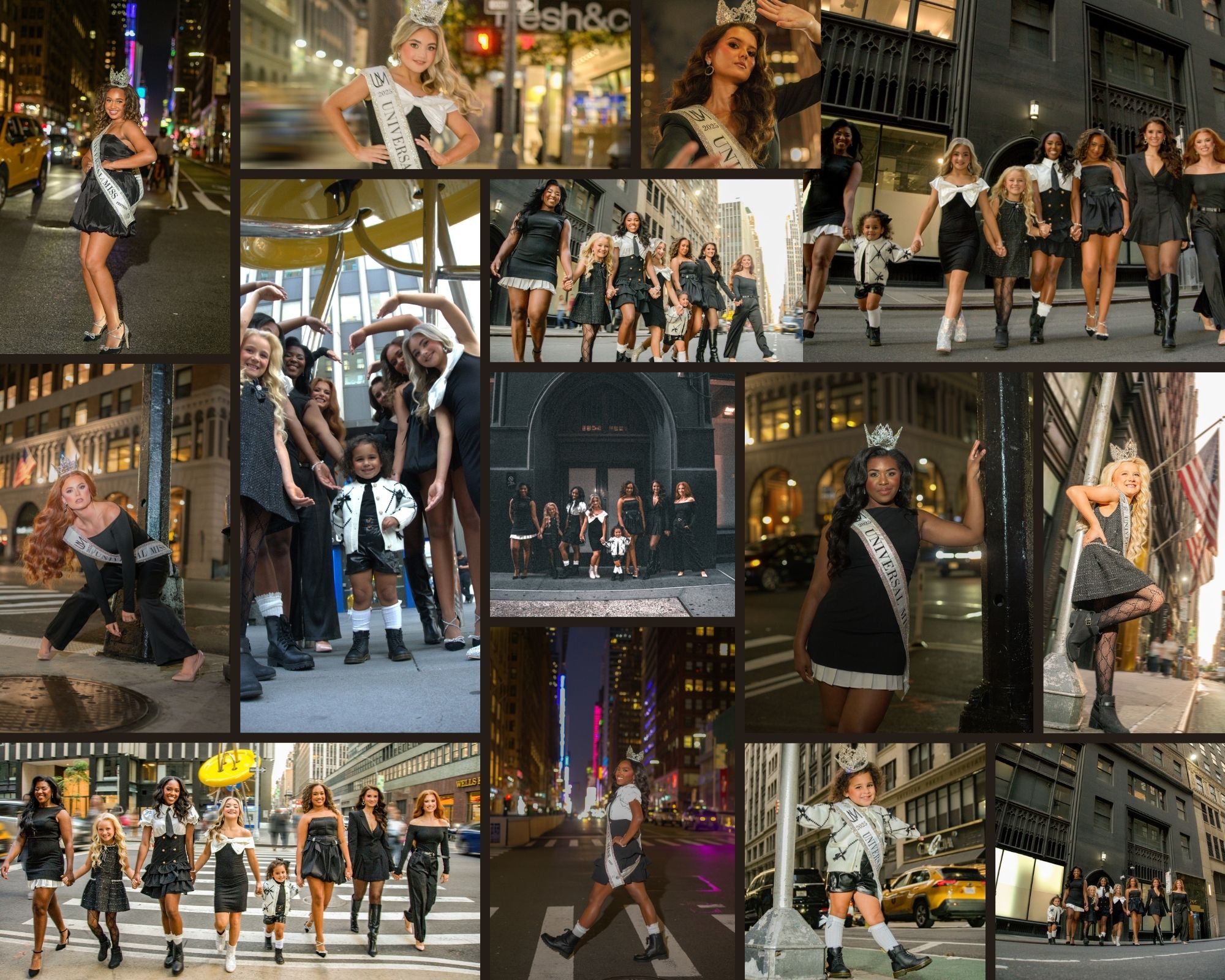 Universal Miss contestants walking through New York City streets in coordinated black outfits with crowns and sashes during a professional pageant photoshoot, captured by Jenna Brooke