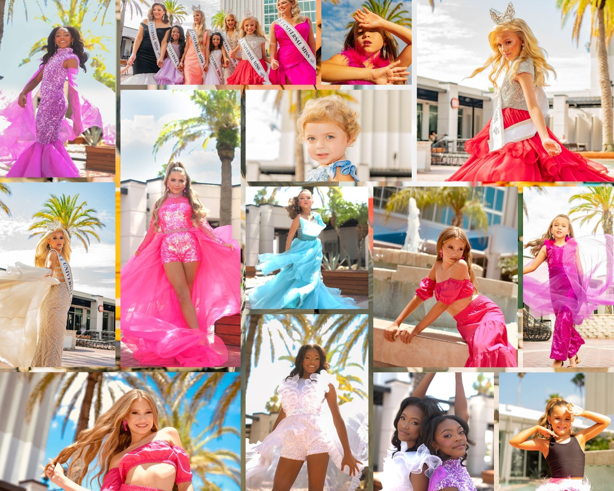Universal Miss contestants posing outdoors in colorful gowns and fashion looks near palm trees and resort-style architecture, captured in bright natural light by Jenna Brooke