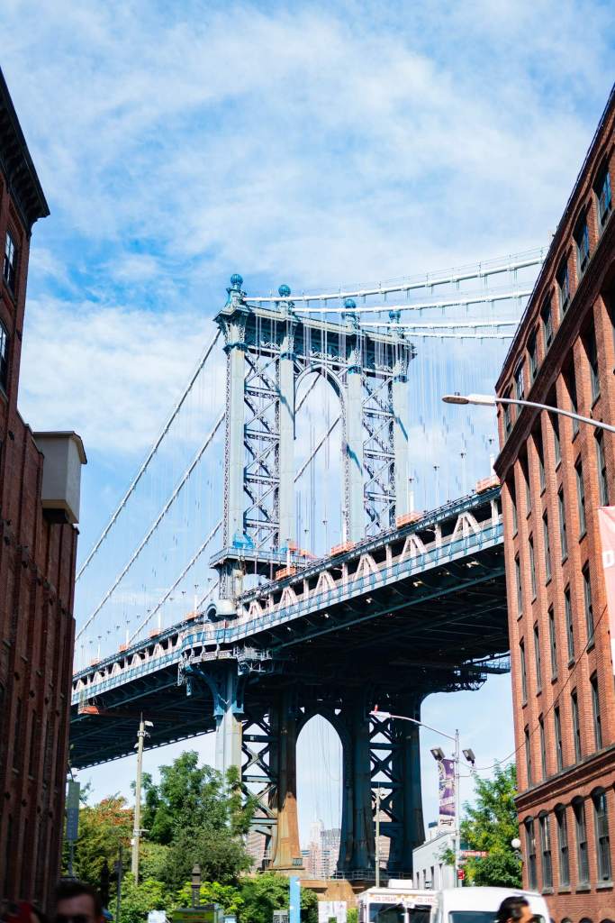 Manhattan Bridge from DUMBO with architectural detail and urban framing New York City