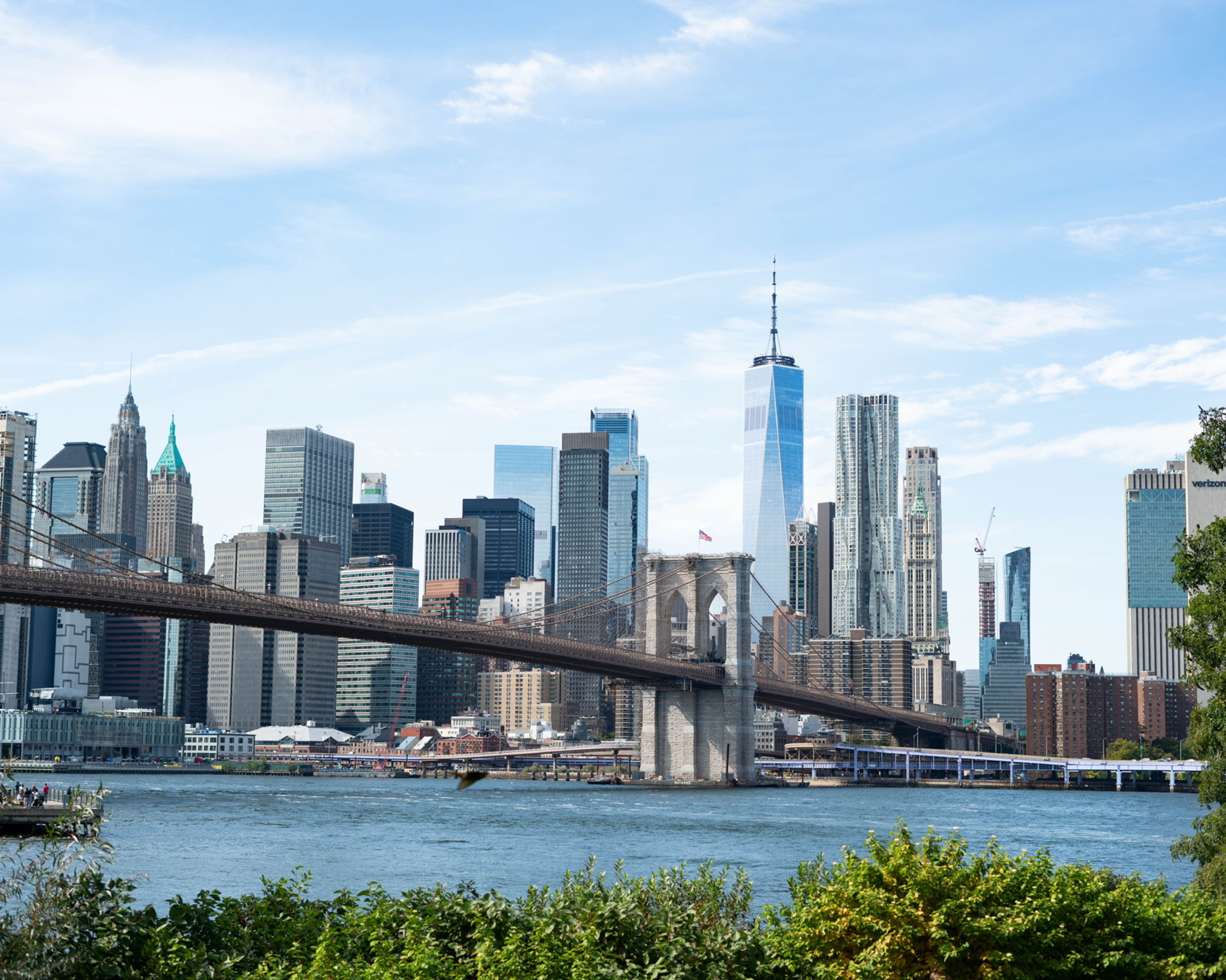 New York City skyline with Brooklyn Bridge during daytime, lower Manhattan skyline photography